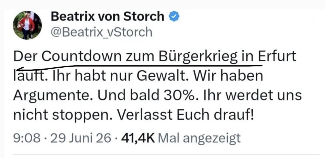 dokhollidays's tweet photo. ‼️Unfassbar:
Ruft die AfD Abgeordnete von Storch jetzt schon zum Bürgerkrieg auf?
Das ging ja schneller als ich dachte.
Tja, die Masken fallen.
Noch ein Grund mehr für das
#afdverbotsverfahrenjetzt https://t.co/R94g88ts95