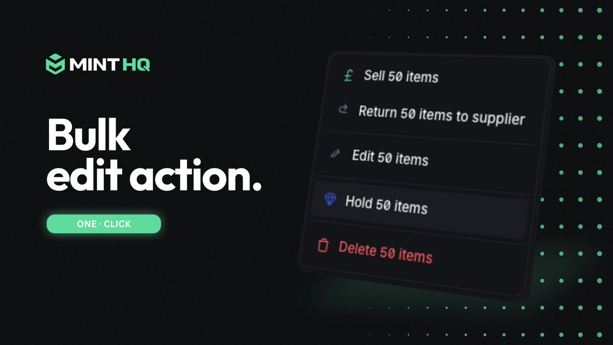 mintHQapp's tweet photo. 50 items to update?

One click🖱️ Done⚡

MINT HQ handles your inventory in bulk.

Stop wasting time with outdated spreadsheets and join the #1 inventory management platform for UK resellers. 

FREE beta — link in bio 🚀 https://t.co/ExJzr8fzC3