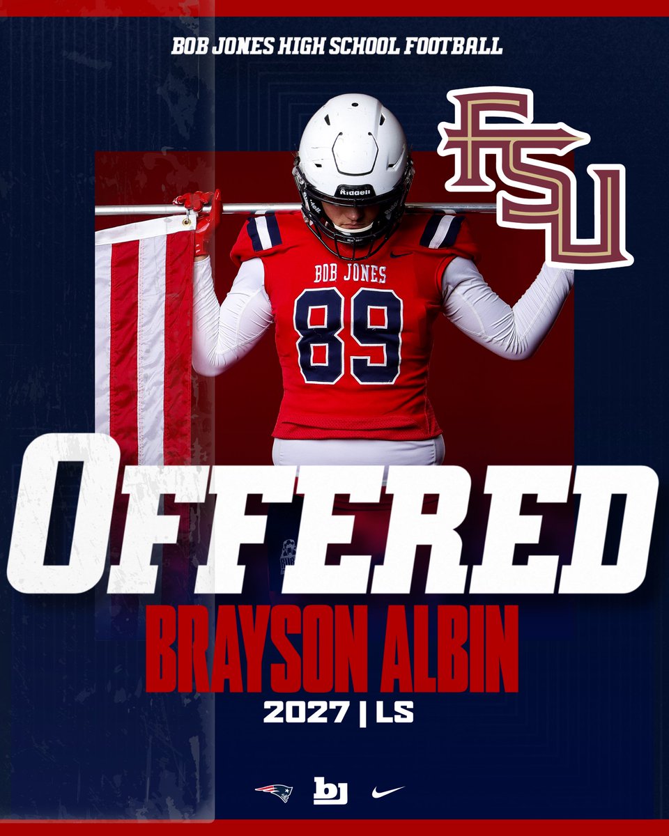 BJHS_Football's tweet photo. Congratulations to @Brayson_Albin on earning an offer from Florida State University!
#BJP | #PTP https://t.co/NfYUnQoQ0p