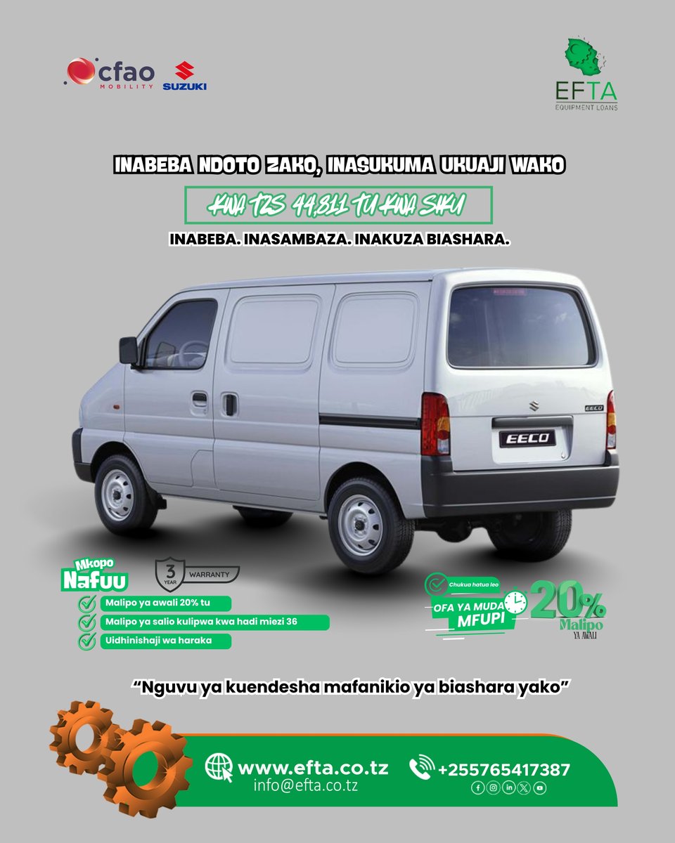 EFTA_tz's tweet photo. 𝐈𝐧𝐚𝐛𝐞𝐛𝐚 𝐧𝐝𝐨𝐭𝐨 𝐳𝐚𝐤𝐨. 𝐈𝐧𝐚𝐡𝐚𝐫𝐚𝐤𝐢𝐬𝐡𝐚 𝐮𝐤𝐮𝐚𝐣𝐢 𝐰𝐚𝐤𝐨.

Miliki EECO VAN kupitia mkopo nafuu wa EFTA—bila dhamana—na anza kuongeza uwezo wa biashara yako ya usafirishaji na usambazaji.

Kwa mawasiliano zaidi tupigie au tutumie namba yako pamoja na mkoa uliopo, nasi tutawasiliana nawe.

📞 +255 765 417 387

#EFTA #EFTATanzania #MikopoYaBiashara #MkopoWaMagari #EquipmentFinance #SMETanzania #BiasharaInayokua #EECOVan #CFAOMobility #BebaSambazaFaidika