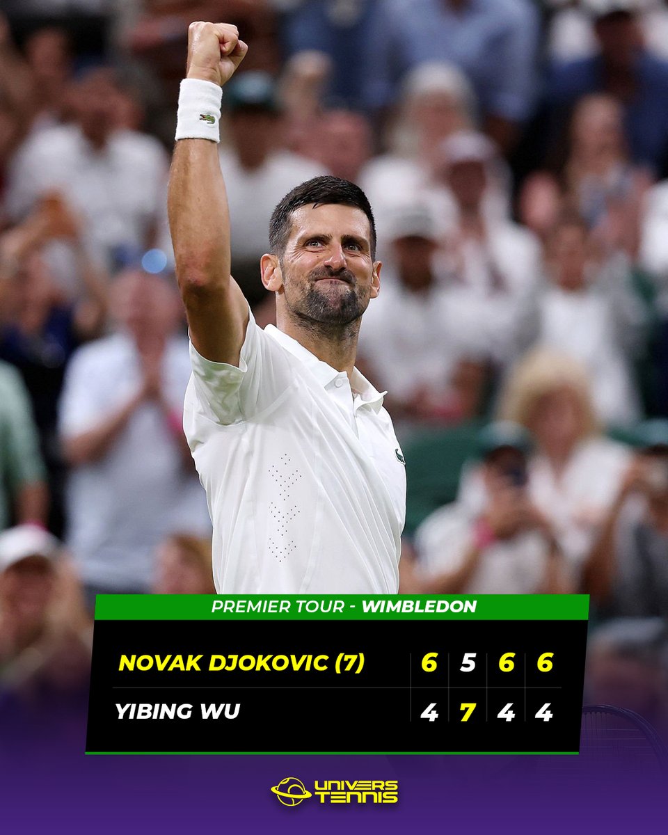 UniversTennis's tweet photo. DJOKOVIC RETROUVE #WIMBLEDON AVEC UNE VICTOIRE 🃏

Septuple champion, Novak Djokovic démarre sa campagne 2026 par une victoire en quatre sets après un gros combat contre Wu Yibing et se qualifie pour le deuxième tour. 🔥🇷🇸

83e participation en Grand Chelem à 39 ans : RECORD. 🥇