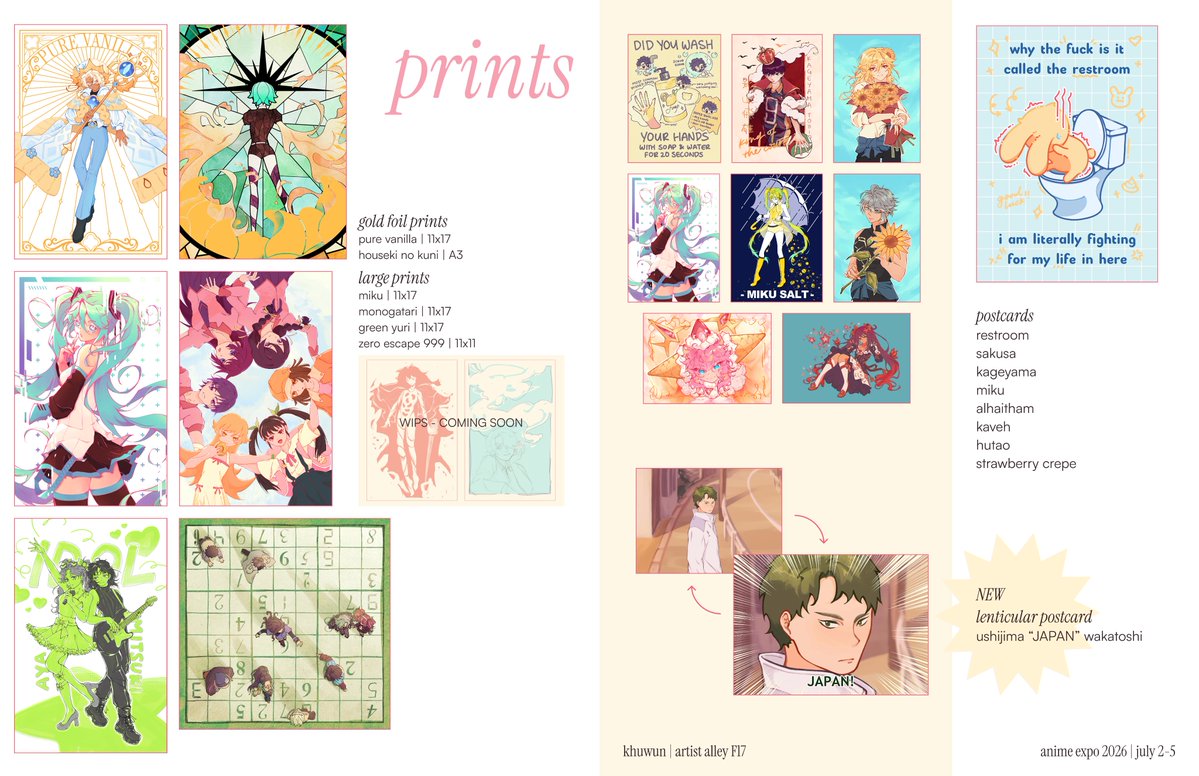 khuwun's tweet photo. 🌸khuwun's anime expo 2026 catalog!
📍artist alley table F17

ft. haikyuu, kamen rider, one piece, cookie run, orv, league, pikmin, hnk, miku, 999, fe3h, various bl, dimsum, and more!

[1/3]⬇️
#ax2026 #animeexpo2026 #ax2026artistalley https://t.co/mnxAmF5cj4