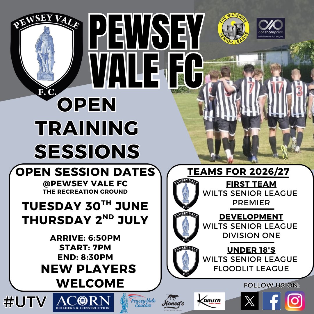 pewseyvalefc's tweet photo. ⚫️⚪️ This Week at PVFC ⚫️⚪️

Tues/Thurs - Preseason Open Training Sessions, 7pm Start

Weds - 🏴󠁧󠁢󠁥󠁮󠁧󠁿England vs Congo DR🇨🇩, 5pm KO, Club open, 4pm🍺☕️ 

Sat - Double Header Friendlies
⚫️1:30pm KO: First vs @BemertonHeathFC 
⚪️4:30pm KO: Dev vs @MELKSHAMTOWNFC Dev
🍺 ☕️ Club open, 1pm https://t.co/Td7yBZP7Ph
