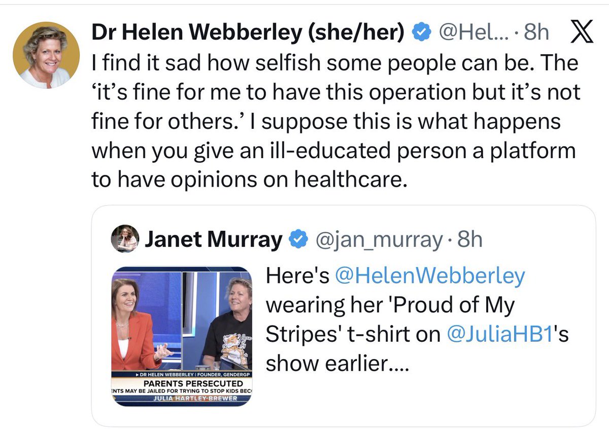 jan_murray's tweet photo. So it appears @HelenWebberley believes women who’ve undergone mastectomies for breast cancer are being ‘selfish’ if they object to healthy young women having their breast removed for different reasons.

And that women who’ve had breast cancer are too “ill-educated” to have opinions about healthcare.

It’s almost as if she thinks mastectomies are some kind of coveted prize that breast cancer survivors want to keep all to themselves. Which is quite sickening really. 

And quite the message to send to women who’ve had breast cancer.