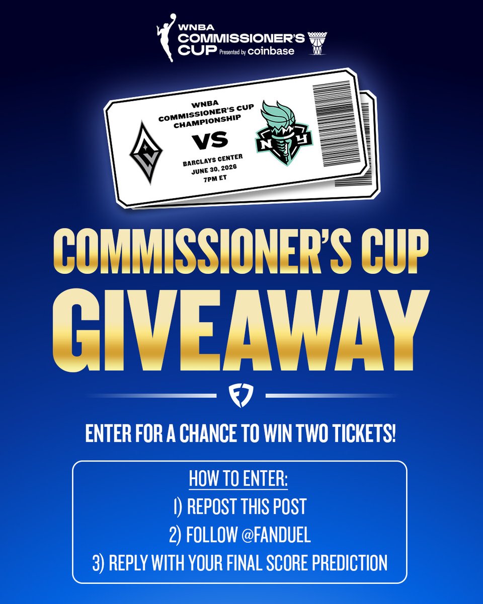FanDuel's tweet photo. TIME FOR A GIVEAWAY! 🙌

To celebrate the @WNBA Commissioner's Cup, we're giving away two tickets to the championship game!

For a chance to see Aces-Liberty on Tuesday at Barclays Center:

1⃣ REPOST
2⃣ FOLLOW @FanDuel 
3⃣ REPLY w/ a score prediction

📝: https://t.co/k96j96QMl9 https://t.co/YZWsZuSGdm