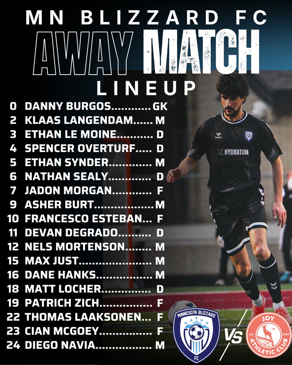 MN_Blizzard_FC's tweet photo. ❄️ The lineup is locked in. The countdown is on. It's almost time for kickoff! ⚽️

The team is focused and ready to bring the Blizzard as we hit the road to take on Joy AC.

It's time to leave it all on the pitch. Let's go get three points!

Go Blizzard!❄️

#MNBlizzardFC #JoyAC https://t.co/B56Y2vQL6B