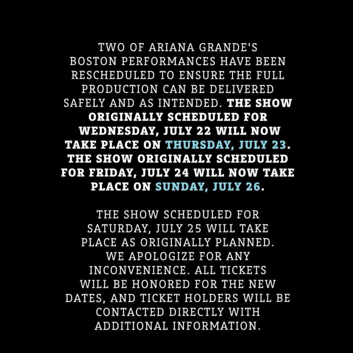 concertleaks's tweet photo. Two of Ariana Grande’s shows in Boston have been rescheduled. https://t.co/cJjzu3shTl