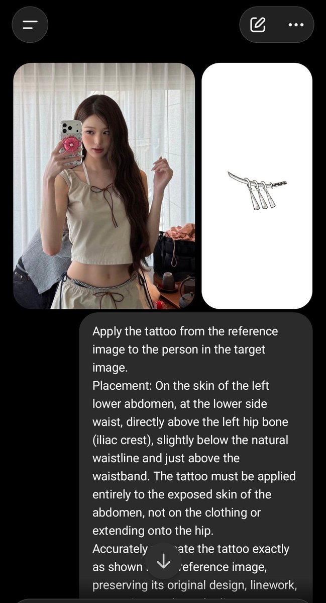 corazonruin's tweet photo. 🎨 𝐆𝐢𝐠𝐢’𝐬 𝐀telier.   ঌ     tutorial.jpg
• Prompt para tatuajes.

https://t.co/1Hha4dh7KW

Mi ejemplo de sitio: On the skin of the left lower abdomen, at the lower side waist, directly above the left hip bone (iliac crest), slightly below the natural waistline » https://t.co/MNuNljkZC7