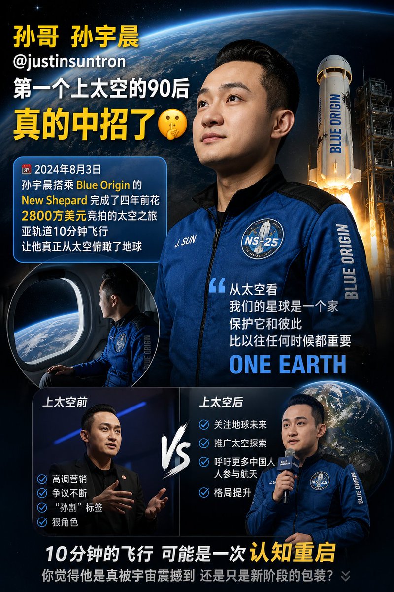 NFTMILK's tweet photo. 孙哥 孙宇晨 @justinsuntron 第一个上太空的90后 真的中招了 🤐 

孙哥从太空回来后 好像被克隆人替换了 

就算PTCG宝可梦卡牌 SpaceX的IPO上市 美加墨世界杯这些热点 他都不再蹭了 

像是戒色后的我 一心一意只做自己的事业 

🔵 孙哥上太空后 好像变了一个人 

去年8月3日 孙宇晨搭乘Blue Origin的New Shepard 完成了四年前花2800万美元竞拍的太空之旅 亚轨道10分钟飞行 让他真正从太空俯瞰了地球 

现在快一年过去 我观察他这段时间的动态和圈内讨论 感觉他跟以前不太一样了 

以前的孙宇晨 在很多人眼里是币圈的狠角色: 高调 敢打敢拼 营销味重 争议不断 

“孙割”梗流传多年 爱他的人觉得他格局大 骂他的人则咬牙切齿 

(比如我以前也经常骂他 他的另一个X账号已经屏蔽我好多年了) 

但上太空回来后 他的表达明显发生了变化 

他开始认真谈论: 从太空看 我们的星球是一个家 保护它和彼此比以往任何时候都重要 他的飞行口号是One Earth 

这不像普通的PR话术 更像是著名的Overview Effect (总观效应) 

🔵 Overview Effect是什么 

简单来说 就是宇航员从太空回望地球时 大脑被强烈的视觉冲击重塑 

他们看到地球悬浮在黑暗宇宙中 被薄薄一层大气包裹 没有国界 脆弱得像一颗玻璃珠 很多人回来后 世界观彻底改变 变得更环保 更关注人类整体命运 甚至有人辞职去做环保或灵性探索 

阿波罗时代的老宇航员 国际空间站的老兵都有类似经历 随着商业太空旅行兴起 这个效应在更多富豪身上也开始出现 

孙宇晨似乎也中招了 

他最近的发言里 少了些纯商业吹嘘 多了对太空探索的热情 对地球脆弱性的感慨 以及对人类在太空显得孤独的感慨 他甚至开始呼吁更多中国人参与商业航天 

当然 他还是那个强调“孙学的本质是赢”的孙哥 商业野心和执行力并没有丢 但那层格局 好像真的被太空拉高了 

🔵 孙哥是真变了 还是人设升级 

这是大家最关心的问题 

有人认为Overview Effect是真实的大脑认知重构 当你亲眼看到地球那么小 人类恩怨那么渺小 很多地面的执念自然会松动 也有人笑称“上太空后开悟了” 但该竞争还是得竞争 格局大了不代表不做生意 

个人观察 至少在公开形象和表达上 他确实在往“有远见的企业家+太空倡导者”的方向转型 那趟10分钟的太空旅行 对普通人可能是人生高光 对他来说 或许是一次认知框架的升级 

(所以自从孙宇晨上太空后 我也就失去了骂他的理由) 

最后想说: 

上太空这件事 对很多人是浪漫幻想 但对真正经历过的人 往往是一次认知重启 

你觉得孙哥上太空后 言行上最明显的改变是什么 是真被宇宙震撼到了 还是只是新阶段的包装 

欢迎评论区聊聊 👇
