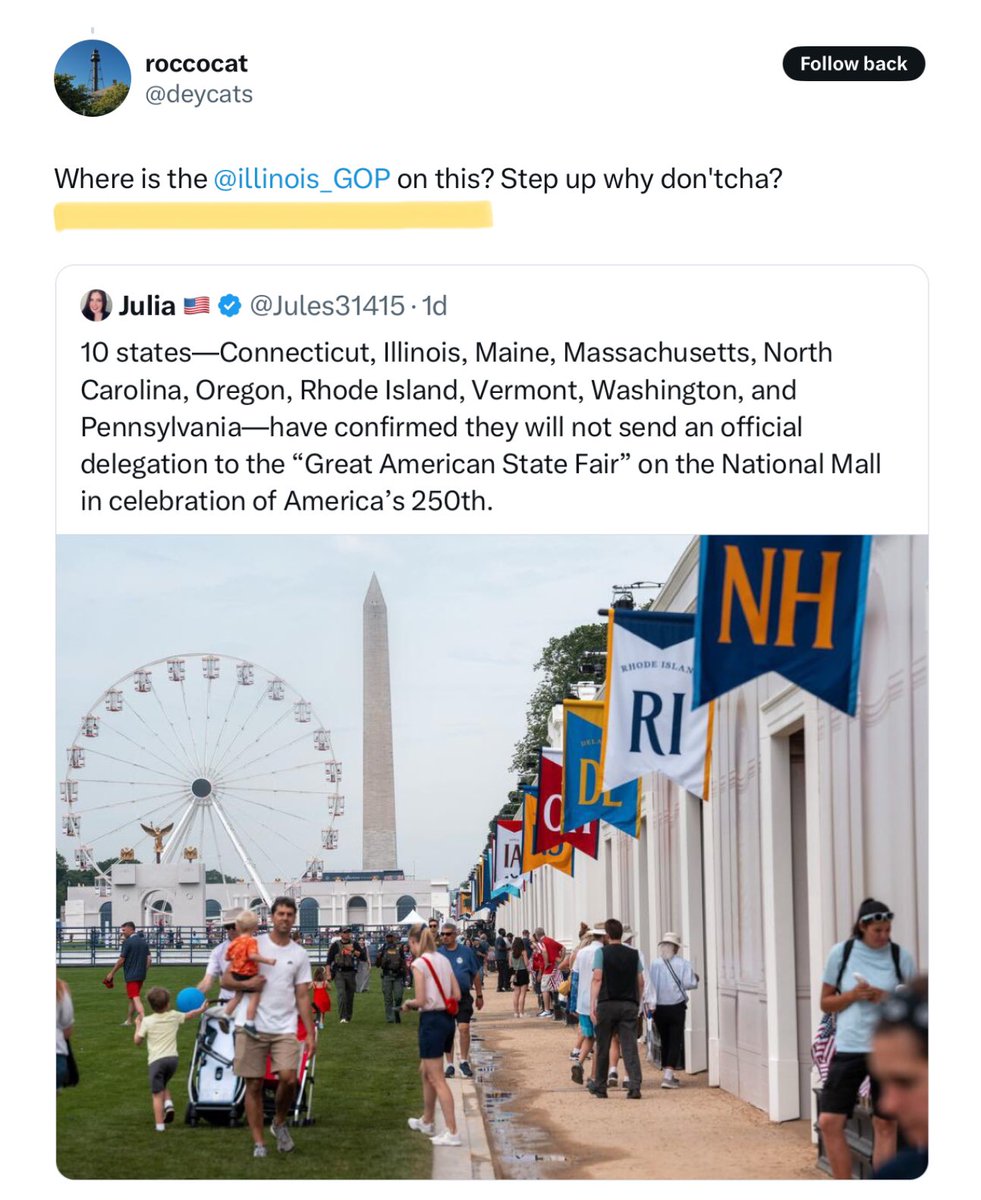 MissinRoyko's tweet photo. “Where is the Illinois GOP on this” is 100% RIGHT! 

Where are you Darren Bailey - Where are you Don Tracy - Where are you Illinois GOP Chairman Bob Grogan ???

To think that the Governor of Illinois will not allow the state of Illinois to be represented on the National Mall to celebrate America’’s 250 years, placing politics ahead of patriotism 

And NOT ONE OF YOU SAYS ONE THING ABOUT IT!

Are any of you interested in winning in November- Apparently NOT!