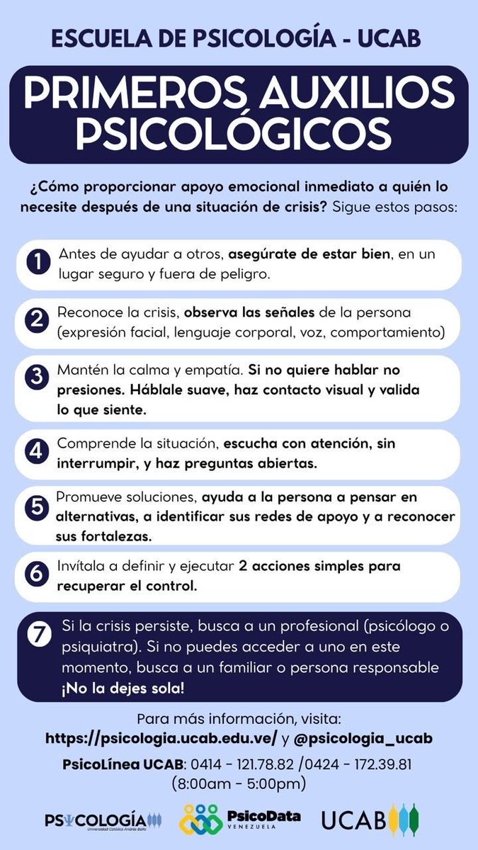 ENTRAconsulting's tweet photo. PRIMEROS AUXILIOS PSICOLÓGICOS
1. Asegura tu entorno
2. Observa y evalúa
3. Calma y empatía
4. Escucha activa
5. Busca soluciones
6. Acciones simples
7. Deriva y acompaña
https://t.co/W0IuNZ53fO y @psicologia_ucab
PsicoLínea UCAB: 0414 - 121.78.82 / 0424 - 172.39.81
(8am - 5pm) https://t.co/IyBbvg5s2Q
