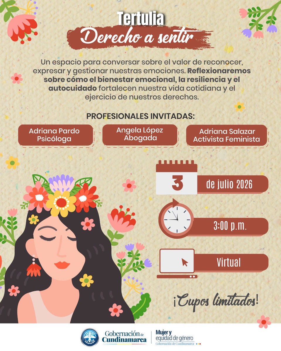 MujerGeneroCund's tweet photo. 💛Te invitamos a la tertulia “Derecho a sentir”, un espacio para conversar sobre bienestar emocional, resiliencia, autocuidado y el ejercicio de nuestros derechos.

🗓️ 3 de julio de 2026
🕒 3:00 p. m.
💻 Modalidad virtual

Link de ingreso: https://t.co/qwUoHMYrrU https://t.co/9a056nobC5