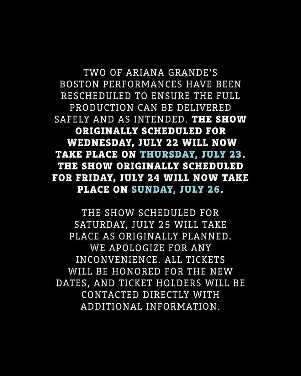 AGTickets's tweet photo. ANYONE ATTENDING EST IN BOSTON ON JULY 22ND &amp; JULY 24TH🚨

the show has now been rescheduled to July 23rd &amp; July 26th! all tickets purchased for the both will be honored for their respective days. keep an eye out for an email regarding more info. https://t.co/ElFeCZjfD8