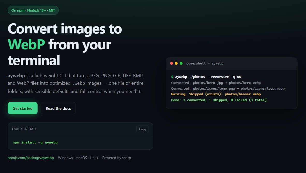 IranUsher's tweet photo. https://t.co/NmNaK2CHTr
aywebp is a lightweight CLI that turns JPEG, PNG, GIF, TIFF, BMP, and WebP files into optimized .webp images — one file or entire folders, with sensible defaults and full control when you need it.

#image #cli #imageTool #wordpress #mcpTool https://t.co/iunTX556Ij
