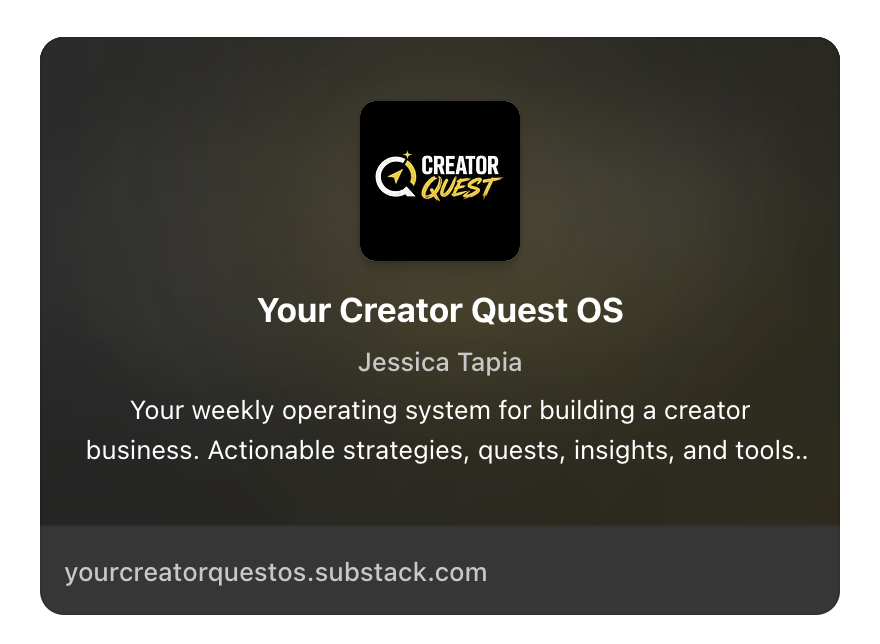 CreatorQuestOS's tweet photo. 📰 Your Creator Quest OS Newsletter on @Substack
Weekly strategies, creator challenges, behind-the-scenes updates, and early access to new features.
https://t.co/YovNtMv3qB https://t.co/C7ERY9taWn