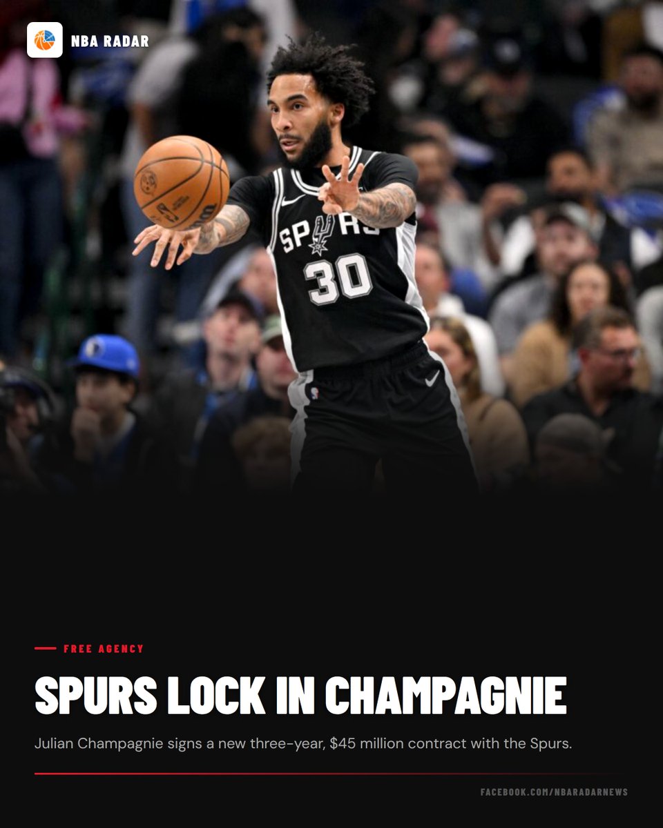 NBA__Radar's tweet photo. The Spurs are declining Julian Champagnie’s $3M option just to lock him in for three years and $45M. That is a massive vote of confidence for a guy who is clearly part of the long-term plan in San Antonio.
#Spurs #JulianChampagnie #NBA https://t.co/1NB25szSHF