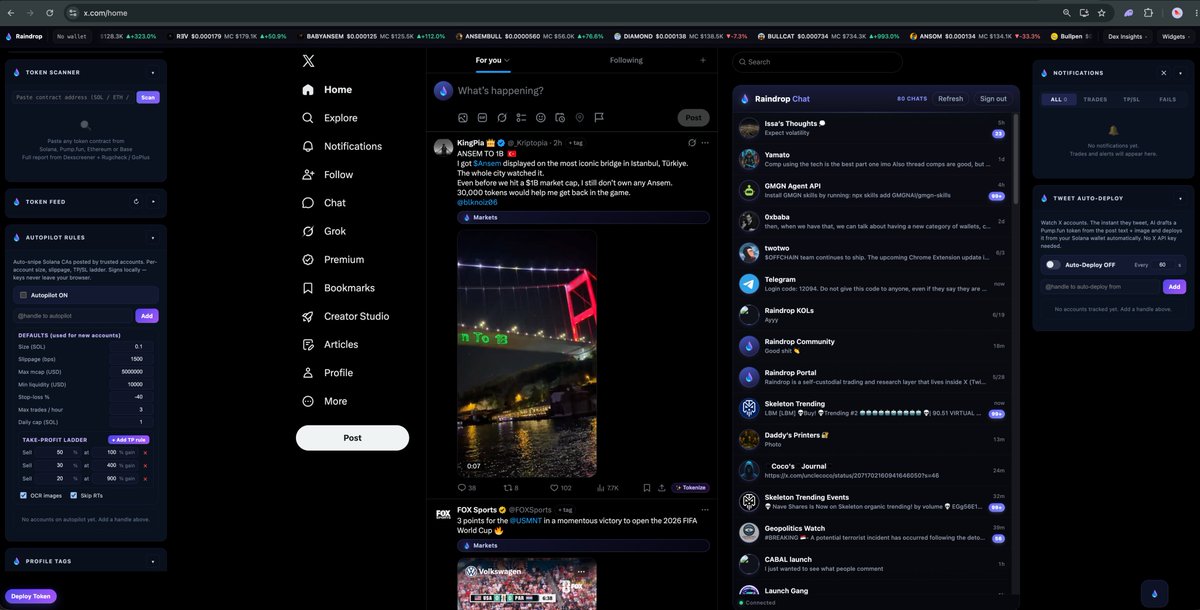 RaindropOnX's tweet photo. Raindrop is getting another huge upgrade!

New premium features coming solely to $RAIN holders include:

Telegram on X: Premium users will be able to have their Telegram feed embedded directly on X via Raindrop for simultaneous browsing— all Raindrop tools will be directly applicable to both X and Telegram feeds all from a singular place!

Autonomous deployments: Premium users will be able to configure autonomous and instantaneous deployments for posts from any account on X & Telegram.

Autonomous trading: Premium users will be able to configure autonomous buying & selling of any token mentioned by their selected accounts.

We've also added a monitoring bar to the top of X feeds for users to monitor new DexScreener updates, top boosted tokens, top volume-related tokens, and much more!

Raindrop is completely reimagining what it means to utilize X— fully Google-audited and listed on their official store.

More information coming soon.