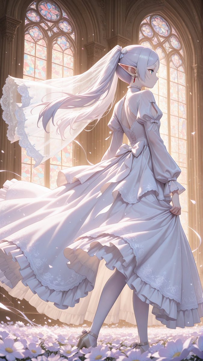 i214's tweet photo. A moment of grace — Frieren in cathedral light, praying among falling petals

#animegirl #frieren #elf #fantasy #AIart #wedding_dress https://t.co/IE1s8DJnJB