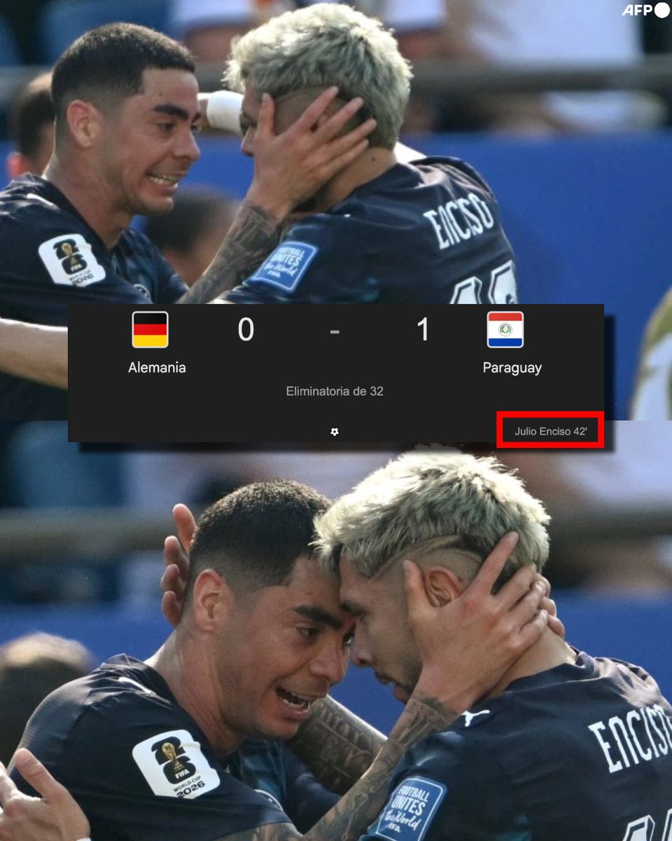 InvictosSomos's tweet photo. Pero miren nada más qué HERMOSO MOMENTO. El emotivo festejo de Miguel Almirón con Julio Enciso después del gol de La Joya. Los paraguayos acaban de marcar un gol histórico en la Copa del Mundo y están logrando la hazaña ante Alemania. LA ALBIRROJA, PAPÁ.