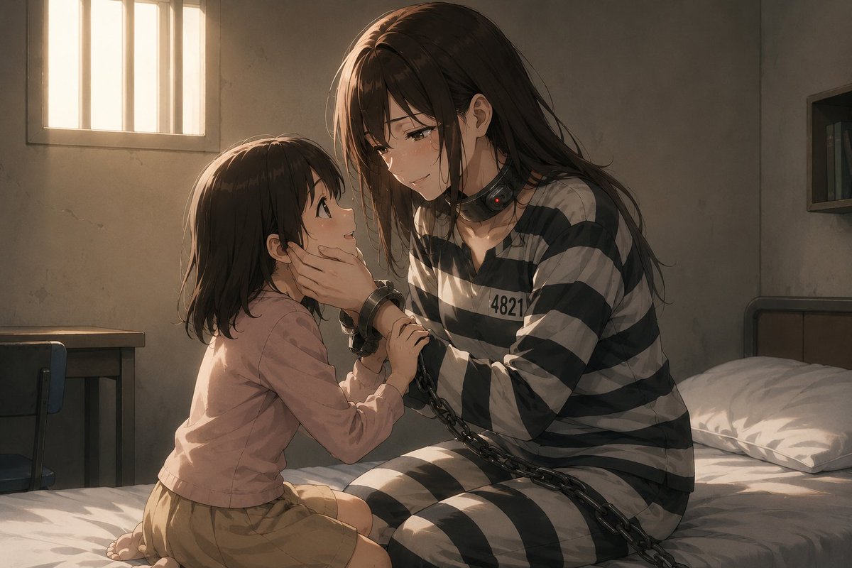 sendaengine's tweet photo. 面会個室で、我が子と触れ合う女囚。
優良囚だからこその待遇。
だが、その首には万が一を考えて装着された、機械の首輪。
「それ、何？首輪？手の鎖も……」
子供の無邪気な質問に、苦笑いするしかない…… https://t.co/wdosei81eo
