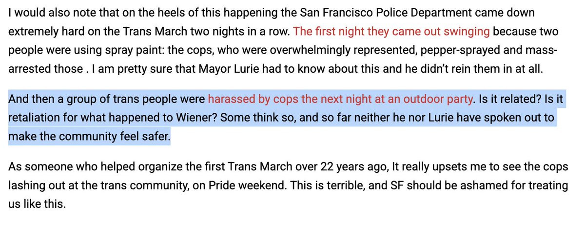 uhshanti's tweet photo. turns out one of the trans people (also a longstanding labor leader) who co-organized the very first Trans March has something to say about this. if only any national media outlet had bothered to look into it beyond hitting copy-paste on a Wiener campaign press release https://t.co/vFtQ0th8eW