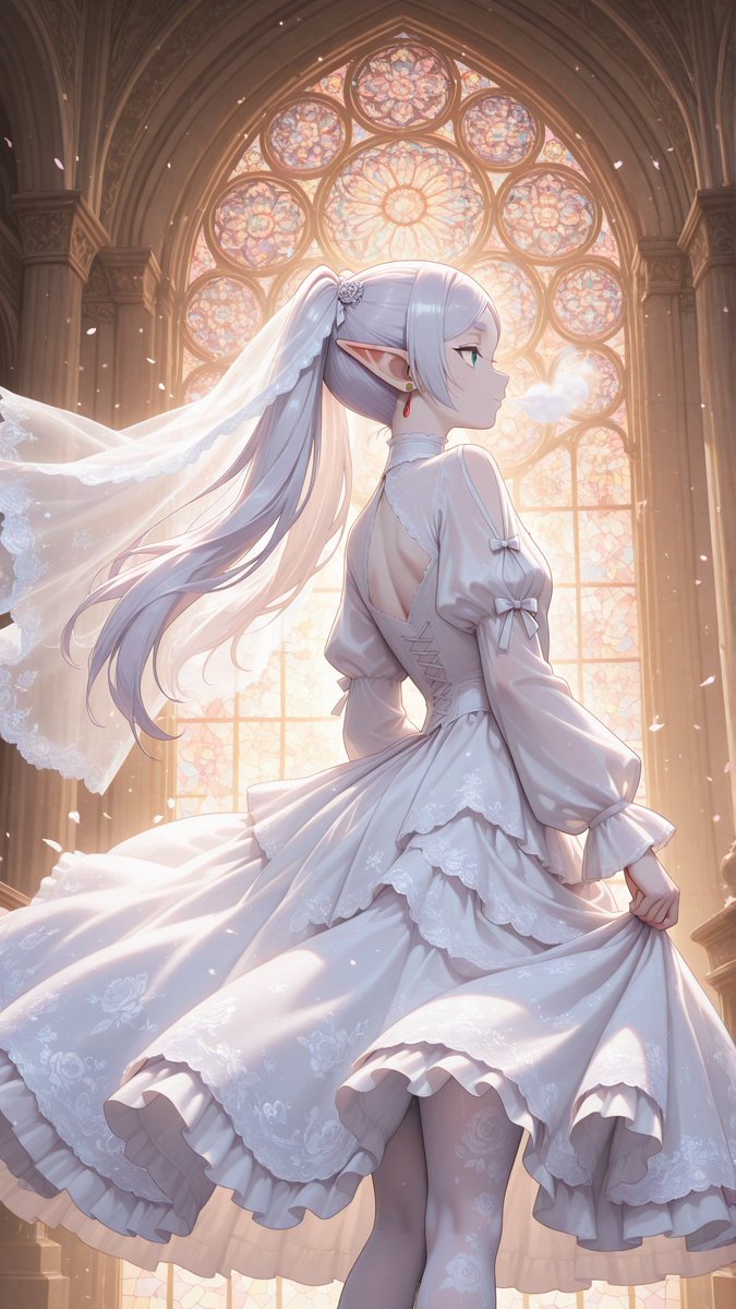 i214's tweet photo. A moment of grace — Frieren in cathedral light, praying among falling petals

#animegirl #frieren #elf #fantasy #AIart #wedding_dress https://t.co/IE1s8DJnJB