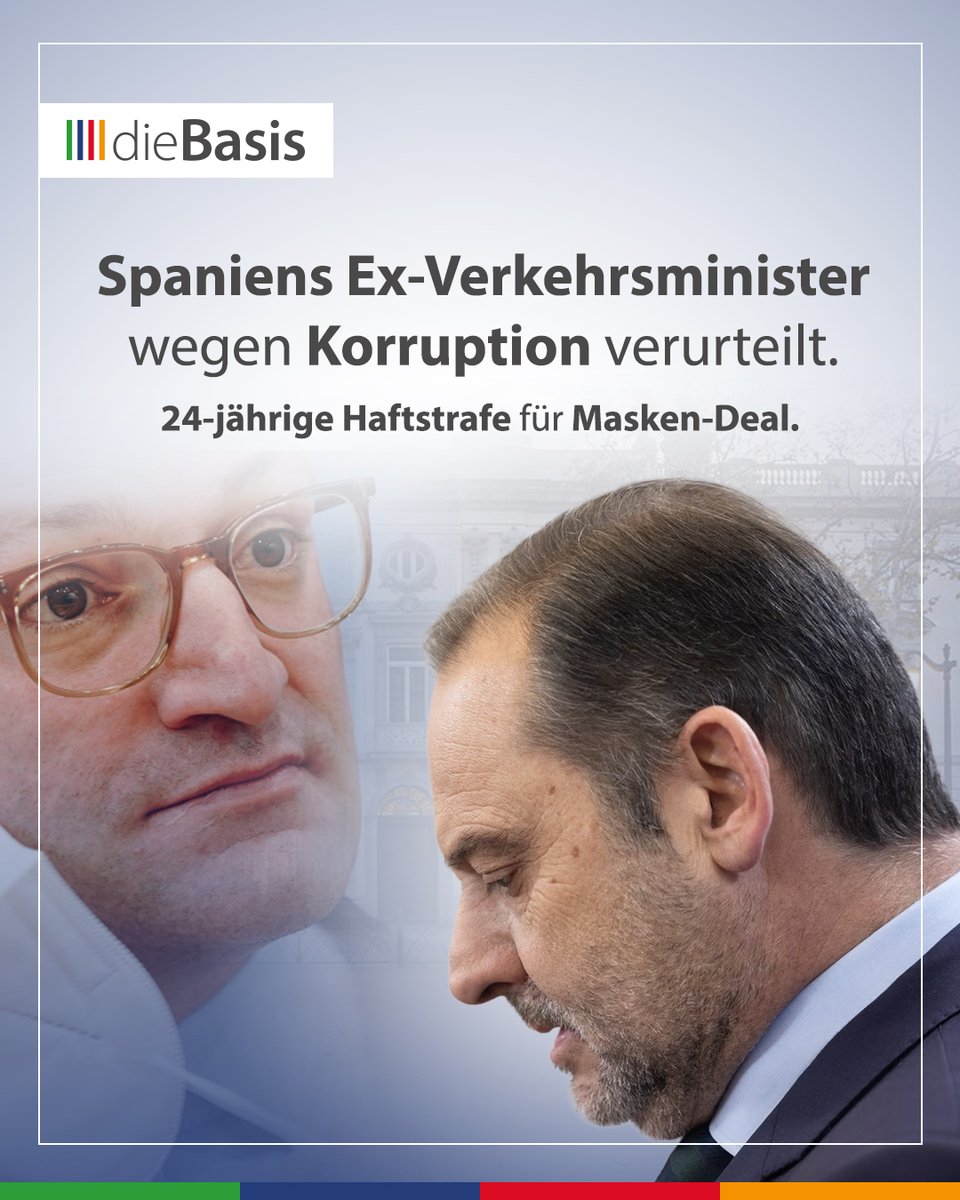 diebasispartei's tweet photo. 💥 24 Jahre Haft: Bereicherung bei Beschaffung von Masken während Corona-Pandemie

Der Oberste Gerichtshof in Madrid hat den ehemaligen spanischen Verkehrsminister José Luis Ábalos zu 24 Jahren und drei Monaten Haft verurteilt. Im Zusammenhang mit der Beschaffung von Masken soll er sich unrechtmäßig bereichert und Schmiergeld für die Vergabe millionenschwerer öffentlicher Aufträge kassiert haben.

🟩🟩🟦🟦🟥🟥🟧🟧

⚠️ Während Spanien Korruption den Kampf ansagt, wird hierzulande erst gar kein Verfahren gegen den ehemaligen Gesundheitsminister Jens Spahn eröffnet, der zu Pandemie-Zeiten über den Bund 5,7 Milliarden Masken für 5,9 Milliarden Euro kaufte, von denen nur zwei Milliarden an die Bevölkerung verteilt und der Rest vernichtet wurde.

Wann werden Politiker in Deutschland endlich für ihr Handeln zur Verantwortung gezogen?

❗️Wer Milliarden von Steuergeldern in den Sand setzt, sollte zurücktreten und sich für immer aus der Politik verabschieden, statt befördert zu werden.

Quellen:
1 https://t.co/6sjYMW2pGE
2 https://t.co/dEuOChKDAS

#dieBasis #Maskendeal #Haftstrafe #Spanien #Korruption