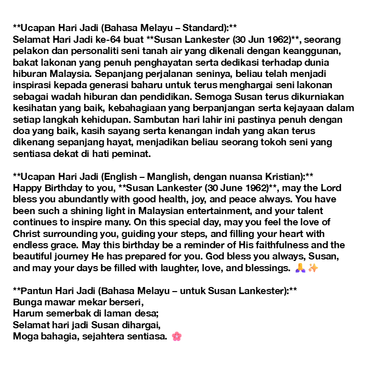 MAmirG_2001's tweet photo. Selamat Hari Jadi Susan Lankester ke-64 daripada kami, #rtm #rtmmalaysia #radiotelevisyenmalaysia #mediaprima #astromalaysia #astrogempak #susanlankester #gambarai #aiphoto #ai #cheesecake #fishnchips https://t.co/nOG2xrMhhH
