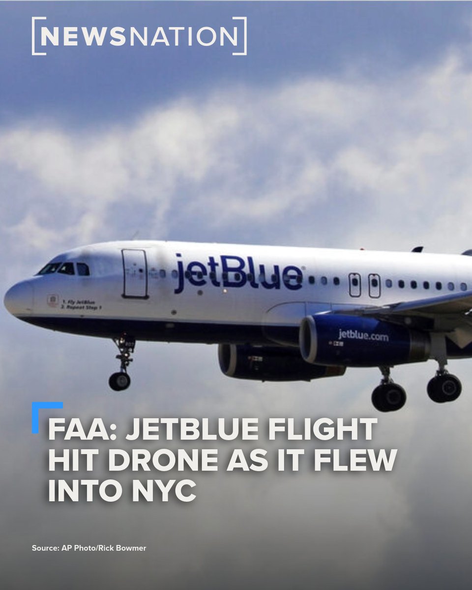 NewsNation's tweet photo. A JetBlue plane flying into New York City struck a drone Monday, the FAA confirmed after a pilot reported the incident. In communications with air traffic controllers, the pilot can be heard saying the drone hit right above the cockpit. There was no damage found to the plane during post-flight inspection.
More: https://t.co/QBdRjoxuEo