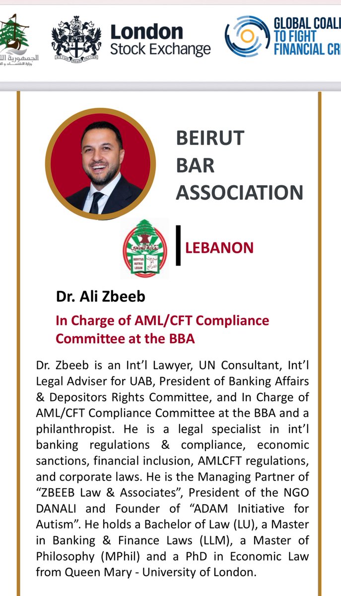 zbeebali's tweet photo. ندوة حول مكافحة وتبييض الأموال وتمويل الإرهاب، تُنظّمها مجموعة (MENA FCCG)
يفتتح الندوة النقيب مرتينوس، يليه رئيس هيئة القضايا القاضي جون قزّي، ثم أمين عام إتحاد المصارف العربية د. وسام فتّوح، ليختتم الإفتتاح مسؤول لجنة مكافحة تبييض الأموال وتمويل الإرهاب المحامي د. علي زبيب.
. https://t.co/SIW9efwRWu