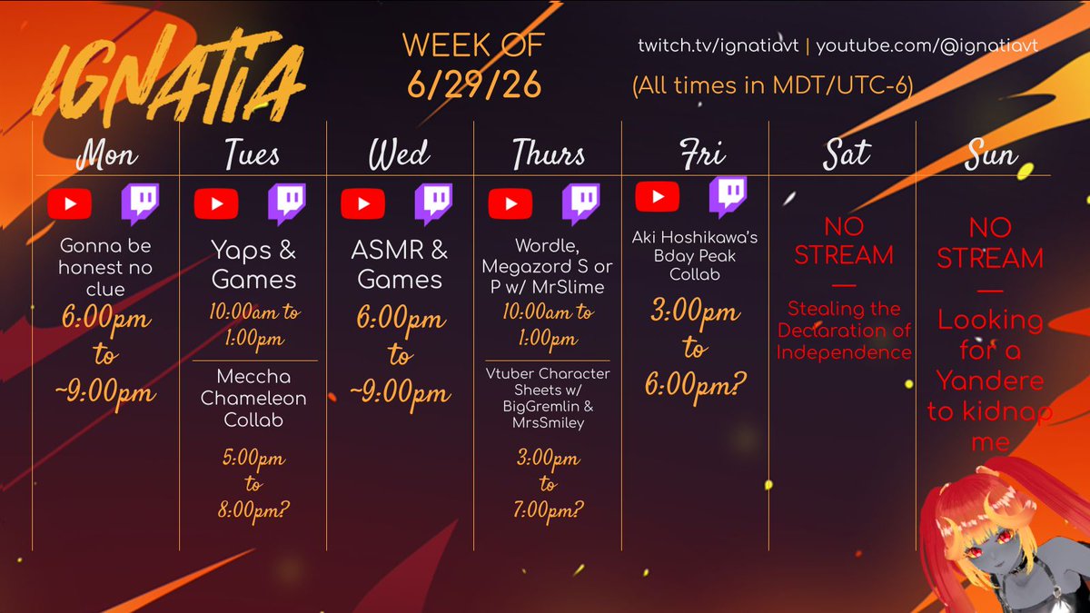 IgnatiaVT's tweet photo. This week's schedule! Sorry it's a bit late! Lots of collabs this week! Come hang out! https://t.co/VI5PjuKKhF https://t.co/7VdcBop5tp https://t.co/TukZO5bqpm