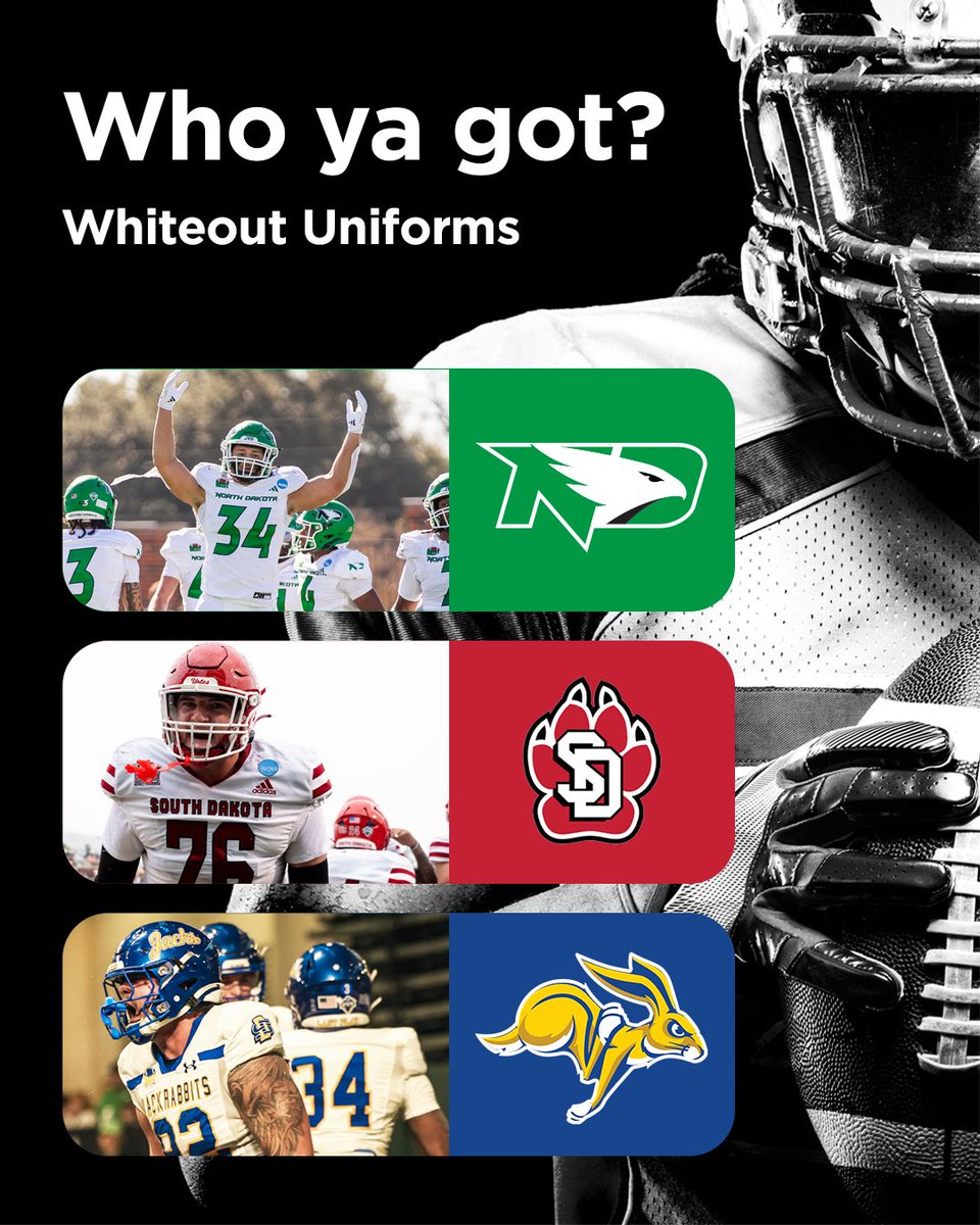MidcoSports's tweet photo. White on White on White 🏈🔥

UND vs USD vs SDSU – which white out unis are you taking? ⬇️

#MidcoSports | #UNDProud | @undfootball | #GoYotes | @sdcoyotesfb | #GoJacks | @gojacksfb https://t.co/GfyGtguNWA