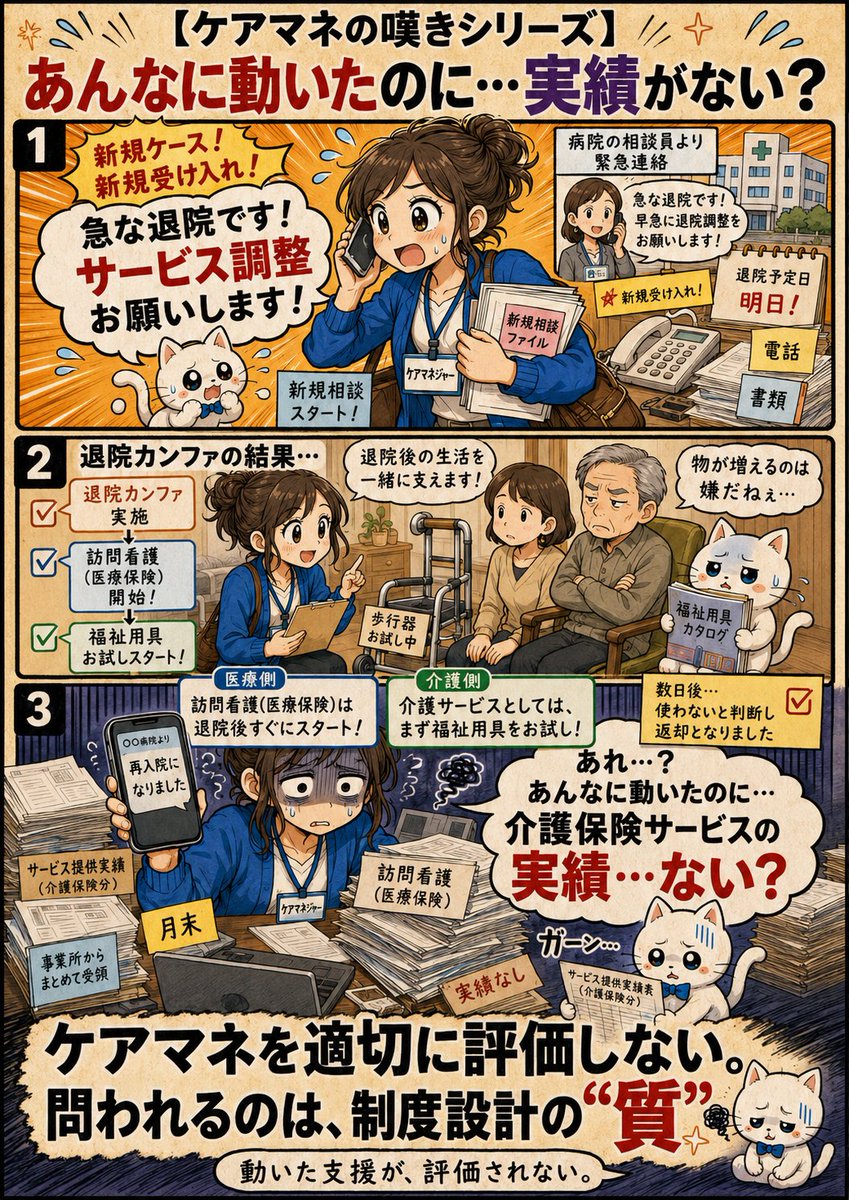 kat_t0o's tweet photo. 【ケアマネの嘆きシリーズ】

皆様が目にしているケアマネの姿…

実は、無報酬かもしれません…

ーーーーーーーーーーーーーーーーーーーー

新規ケースで、急な退院調整。

退院カンファに出て、ケアプランを作って、何度も訪問。

そして、再入院。

…今日は6月最終日。

……あれ？
介護保険サービスの実績がな…い…？

こうなった時、
私達ケアマネの報酬は…無し。

0円です。