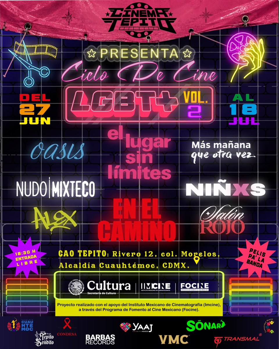 YaajMexico's tweet photo. #VAMOSALCINE 🎬🏳️🌈🏳️⚧️ ¡El mes del Orgullo aún no termina, preparen las palomitas porque @cinematepito trae de vuelta el Ciclo de cine LGBT+ Vol. 2! Serán cuatro sábados con lo mejor del cine mexicano independiente, funciones completamente gratuitas, invitadxs especiales y una programación espectacular para reflexionar e integrarnos juntxs.
🗓️Sábados: Del 27 de Junio al 18 de Julio
⏰Horario: 18:30 h.
📌Lugar: CAO Tepito (Rivero 12, col. Morelos, alcaldía Cuauhtémoc, CDMX).
🎟Admisión: ¡ENTRADA LIBRE!
✨ ¡TE DEJAMOS LA CARTELERA!
🎬Sábado 27 de Junio • El lugar sin límites (Dir. Arturo Ripstein) y Oasis (Dir. Alex Zuno)
🎬Sábado 4 de Julio • @NDocumental (Dir. Kani Lapuerta) y Más mañana que otra vez (Dir. Ulises Pérez Mancilla)
🎬Sábado 11 de Julio • Nudo mixteco (Dir. Ángeles Cruz) y Alex (Dir. Natalia Bermúdez)
🎬Sábado 18 de Julio • En el camino (Dir. David Pablos) y Salon Rojo (Dir. Orlando Karin)
✨ La representación de nuestras identidades e historias en la pantalla no es solo entretenimiento: es un acto de justicia social, de memoria y de resistencia.
🤝🖼️Reconocemos y celebramos la iniciativa de @cinematepito por abrir espacios donde proyectar nuestras historias se convierte en un puente para imaginar realidades más justas, libres de estigmas y unidas en comunidad.
🎬 Este gran proyecto comunitario es una realidad gracias al valioso apoyo del @imcine a través del Programa de Fomento al Cine Mexicano (FOCINE). Hermoso flyer por David Chikle.
🌈 Desde Yaaj México, abrazamos la cultura y el arte como herramientas de transformación social y reafirmamos nuestro apoyo a los espacios que construyen desde las calles y las comunidades. Seguiremos amplificando estas iniciativas y narrativas libres de estigmas, porque nuestras vidas y nuestras luchas merecen ser compartidas con orgullo.
#OrgulloLGBT #CineMexicano #CineLGBT
