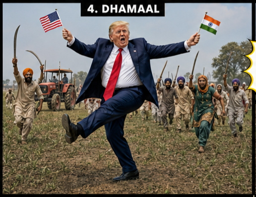 SmartLimits's tweet photo. POTUS Donald Trump dances in bhangra poses (bounce, 1-legged bnc, shoulder shrug, dhamaal, jhumar, chaffe) in Punjab fields at https://t.co/8lPDuXpqo5 video promoting MAGA, MIGA! He is in official attire, holds Indian, American flags. 😎 No cryptic intelligence, only AI inspired. https://t.co/McjPZ0WyU5