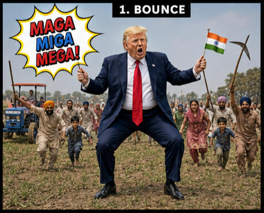 SmartLimits's tweet photo. POTUS Donald Trump dances in bhangra poses (bounce, 1-legged bnc, shoulder shrug, dhamaal, jhumar, chaffe) in Punjab fields at https://t.co/8lPDuXpqo5 video promoting MAGA, MIGA! He is in official attire, holds Indian, American flags. 😎 No cryptic intelligence, only AI inspired. https://t.co/McjPZ0WyU5