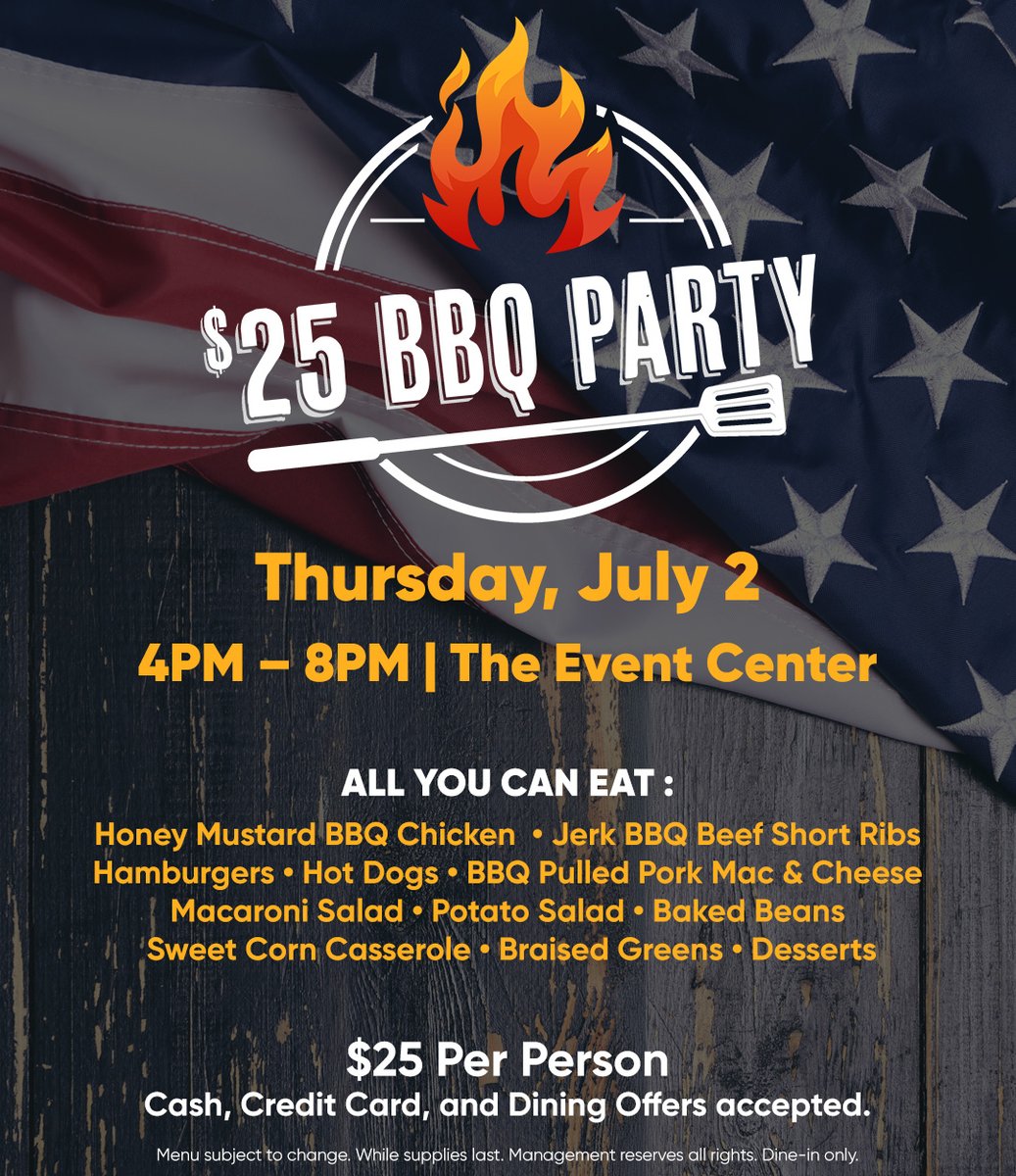 WinBigRivers's tweet photo. Kick off your 4th of July weekend with an ALL-YOU-CAN-EAT backyard feast! 🎇 Join us Thursday, July 2nd (4 PM - 8 PM) in The Event Center for our $25 BBQ Party. Pulled pork mac, short ribs, burgers, and more—dining offers accepted!  🍖🔥

#4thOfJuly #BBQ #AllYouCanEat https://t.co/Wpf247Olvn