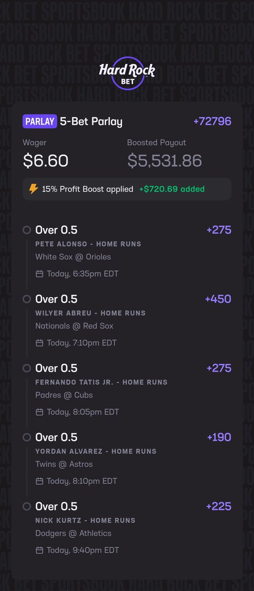 BlackHatBets's tweet photo. Hacked Hitters Lay of the Day!
All 5 of these batters are going up against pitchers with terrible scores today and data on their side. Can we hit the holy mecha 5 leg today???

#KraftedWithKasper
#Gambling𝕏
#GamblingCommunity

Check out this bet I placed on Hard Rock Bet! https://t.co/W3PNX1RW7c