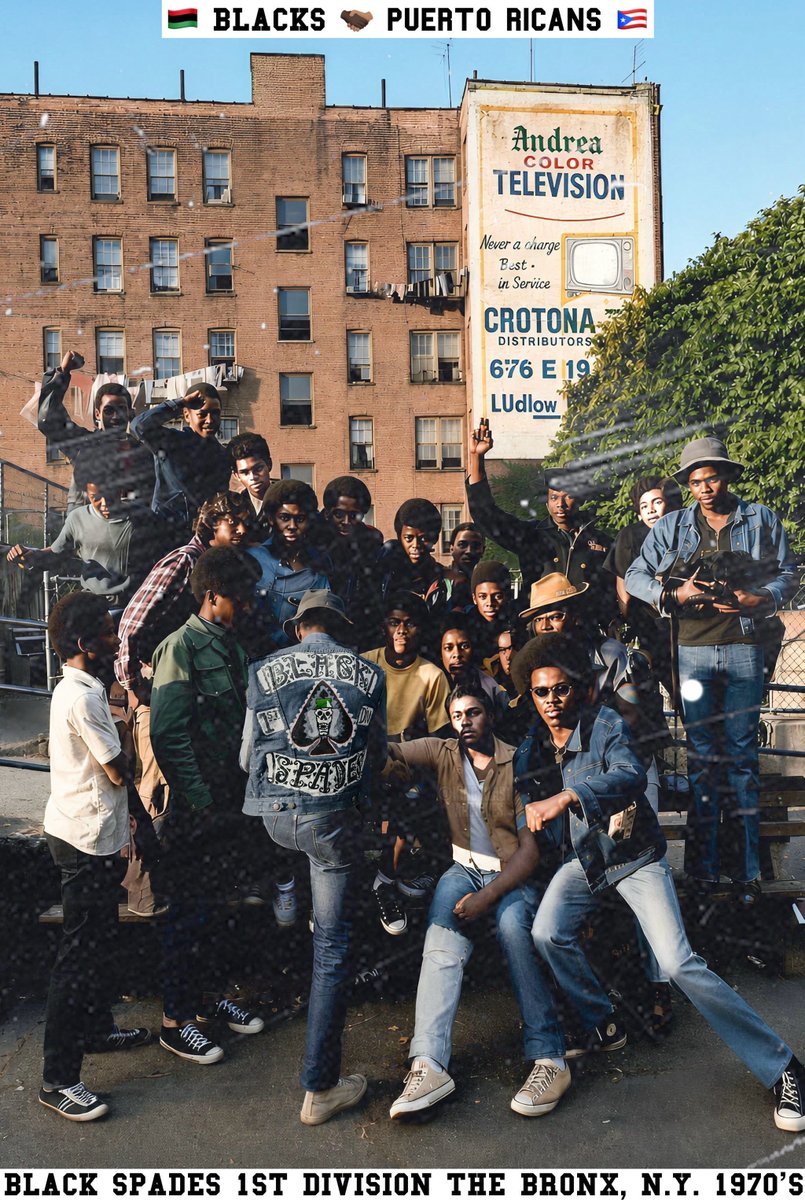 kingklast's tweet photo. ♠️ BLACK SPADES 1ST DIVISION: BLACK &amp; PUERTO RICAN UNITY IN THE 1970s BRONX!✊🏿🇵🇷

#BlackSpades #TheBronx #Bronx #NYC #NY #ClassicNYStreetGangs #StreetGangs #YouthGangs #KingKlastArchives #KingKlast #NYCStreetGangsHistory #BronxHistory #1970sBronx #NewYorkHistory #NYCHistory https://t.co/HYtGI0liAe