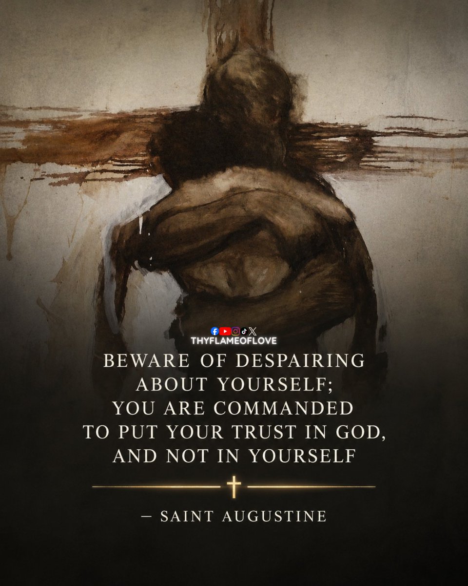 thyflameoflove's tweet photo. “Beware of despairing about yourself; you are commanded to put your trust in God, and not in yourself" 
— Saint Augustine

St. Augustine is reminding us of something many people struggle with today: we can become so focused on our own failures that we forget God's mercy. There is a difference between being sorry for our sins and giving up on ourselves. God calls us to repent, but He never calls us to despair.

When we only look at our weaknesses, mistakes, or past sins, we start believing that everything depends on us. We think we have to fix ourselves before God can love us. But Scripture tells us to put our trust in the Lord with all our heart (Proverbs 3:5). Our hope is not in our own strength. Our hope is in God's mercy.

St. Peter denied Jesus three times, yet Christ restored him. The prodigal son wasted everything, yet the Father ran to meet him. The saints became holy not because they trusted themselves, but because they trusted God even after they fell.

The devil wants us to believe we are too broken, too weak, or too far gone. God says, "My grace is sufficient for you" (2 Corinthians 12:9). When we fail, we should not look inward with despair. We should look upward with trust.

Some people never come back to God because they think they have failed too many times. But what if the greatest sin is not falling, but refusing to believe that God can still lift you up?

If someone you know needs to be reminded that God's mercy is greater than their worst mistake, may these words reach them at the right time.