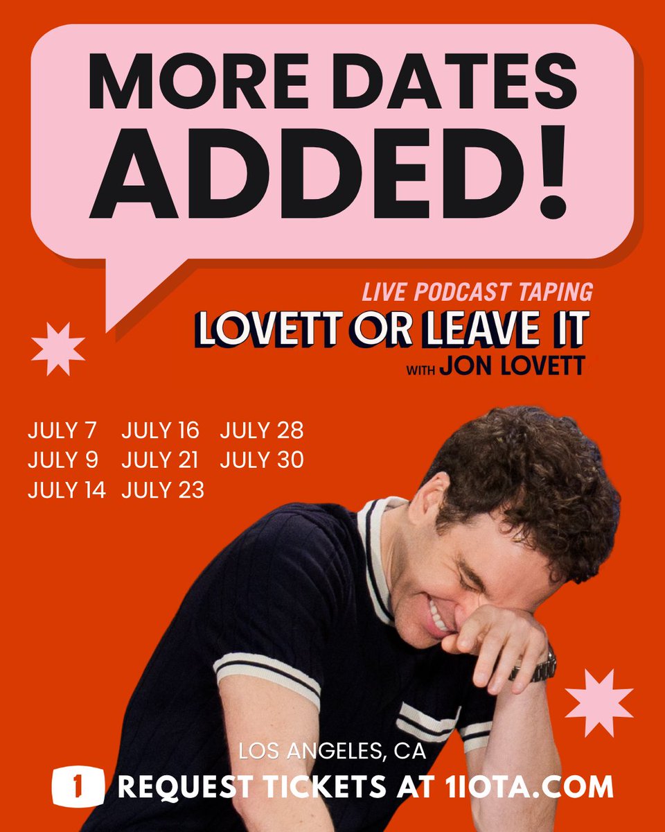 1iota's tweet photo. Join us for live podcast tapings of 'Lovett or Leave It' with former Obama speechwriter Jon Lovett and a panel of comedians, actors, journalists, and some of the many, many famous Friends of the Pod! Request your FREE tickets now: https://t.co/MabdW50nP6

Los Angeles, CA https://t.co/XYAchDPUd0