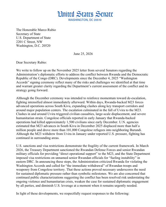 RevColeman's tweet photo. 5 U.S. Senators Pin Kagame & Rwanda with Tough Letter to Secretary Marco Rubio: Five Democratic Senators — Tim Kaine, Cory Booker, Chris Van Hollen, Peter Welch, and Jeff Merkley — have sent a strong follow-up letter demanding DIPLOMATIC PRESSURE ON RWANDA over its continued backing of M23 in eastern DRC.