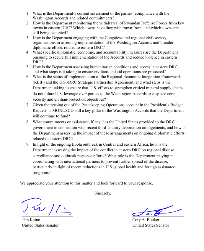 RevColeman's tweet photo. 5 U.S. Senators Pin Kagame & Rwanda with Tough Letter to Secretary Marco Rubio: Five Democratic Senators — Tim Kaine, Cory Booker, Chris Van Hollen, Peter Welch, and Jeff Merkley — have sent a strong follow-up letter demanding DIPLOMATIC PRESSURE ON RWANDA over its continued backing of M23 in eastern DRC.