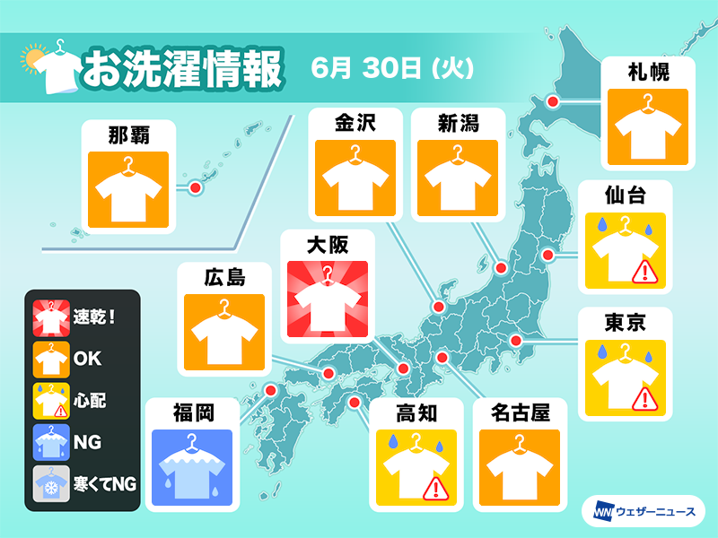 wni_jp's tweet photo. ＜洗濯天気予報＞
今日の天気で外干しで乾かせるか解説します。
https://t.co/MnOZVntrGm https://t.co/HeV3368rXy
