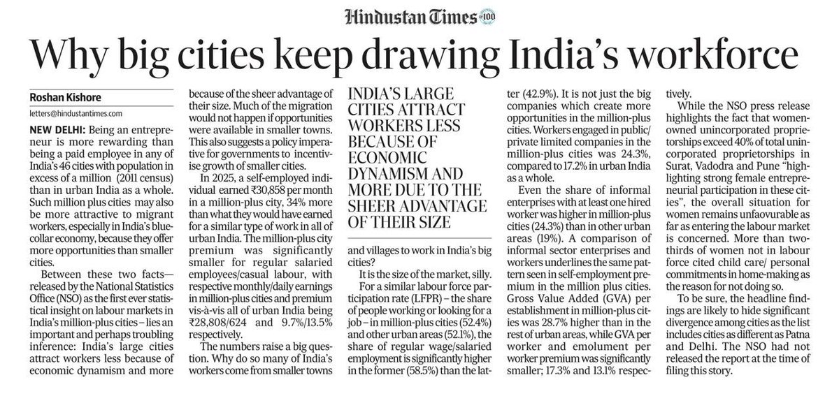 Roshanjnu's tweet photo. Say you wanted to move from Gaya/Beed in Bihar/Mah to a Del/Kolkata/Mumbai or even Patna/Pune. 

Max premium requires setting up a business rather than getting a job

But ppl migrate even for low premium jobs because there aren’t enough jobs in Gaya/Beed

https://t.co/Zkv61EgkNx https://t.co/V1f7UAcLEX