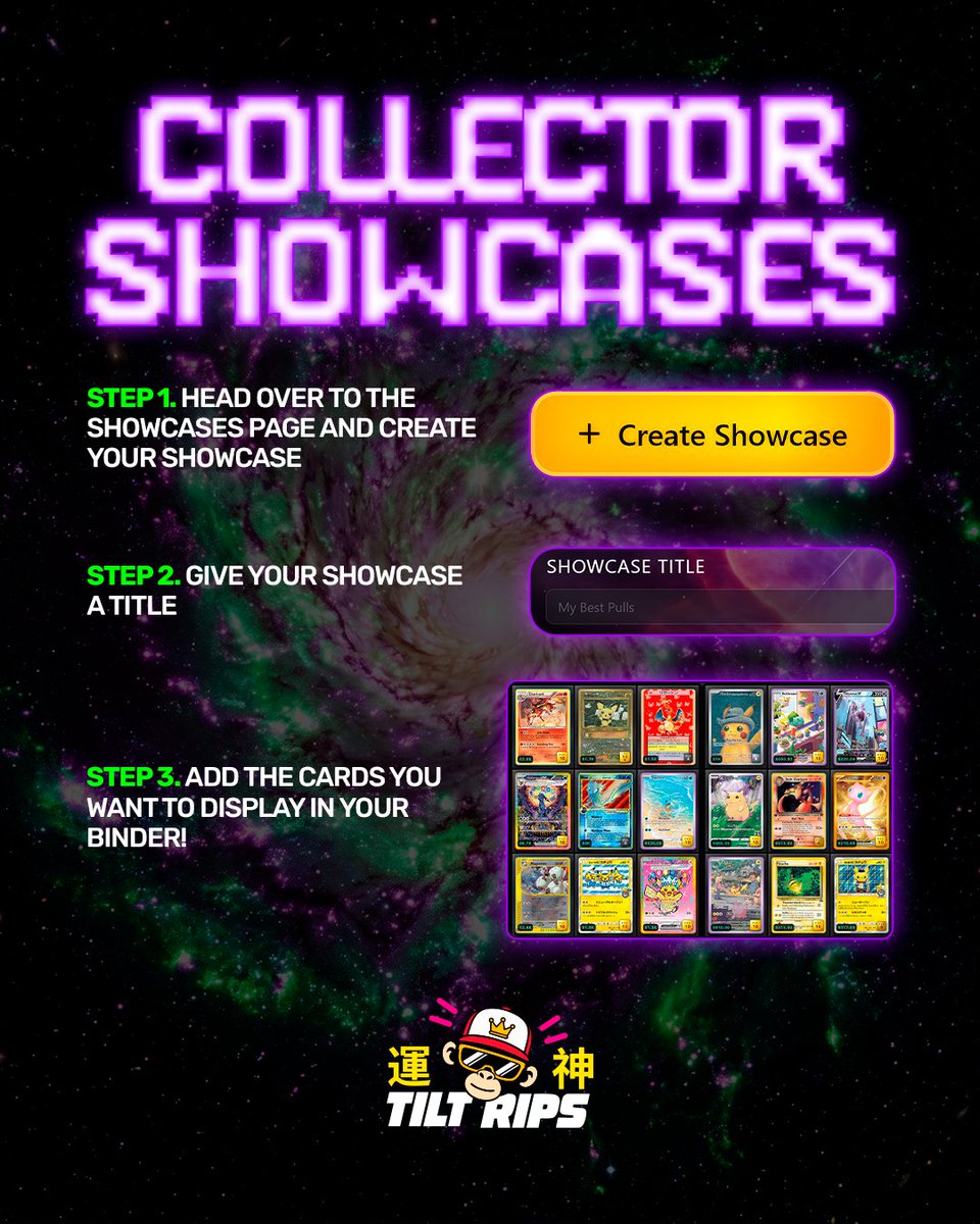 TiltRips's tweet photo. Did you know Tilt Rips has a feature called 'Showcases' where you can publicly display your curated binder?

If you want to flex your collection to the world, head over to the Showcases page and follow the 3 easy steps below 👇

Once you're done, drop the link to your showcase in the comments so we can check out your collection! 👀