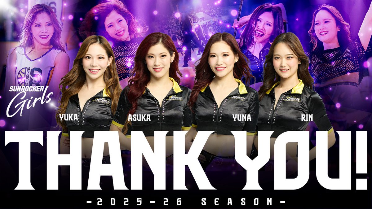 TokyoSunrockers's tweet photo. サンロッカーガールズ引退メンバーのお知らせ📢

2025-26シーズンをもちまして、
YUNA・RIN・ASUKA・YUKAの4名が引退いたします。
これまでの多大なる貢献に心より感謝申し上げます。
4名の新たなステージでの活躍を応援しています！

▼コメント全文はこちら
https://t.co/uH1raaoI3c

#東京サンロッカーズ #サンロッカーズ渋谷 #Bリーグ