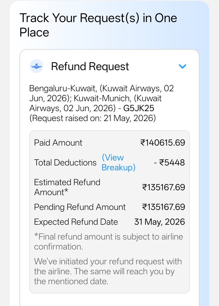 saketh1998's tweet photo. I would strongly suggest avoiding booking flights through platforms like @makemytrip whenever possible. Book directly with the airline instead.

I had booked my tickets Months back for my travel in June to Munich. 10 days before the departure, the airline cancelled my booking.

I applied for the refund on 21st May, the same day the flight was cancelled. @makemytrip initially showed an expected refund date of 31st May (later I was told it could take up to 28 days). It has now been around 40 days, and I still haven't received my refund.

When I contact Kuwait Airways, they tell me the booking was made through MakeMyTrip, so any refund request has to come from them.

When I contact MakeMyTrip, they tell me Kuwait Airways hasn't released the refund.

You're basically stuck in an endless loop, with each side asking you to speak to the other, while your money remains blocked.

Over the last 40 days, I've contacted @makemytrip at least 4–5 times. Every single time, I'm told the issue has been "escalated." After multiple escalations, there has still been no resolution.

Despite assurances that the refund would be processed by the end of June, I'm now being told they still haven't received the money from the airline.

This experience has convinced me that for international travel, it's always better to book directly with the airline. 

If something goes wrong, cancellations and refunds are usually much simpler because you're dealing with the airline directly instead of being caught between two companies.

@KuwaitAirways @makemytrip  @makemytripcare @DGCAIndia @airsewa_MoCA @jagograhakjago