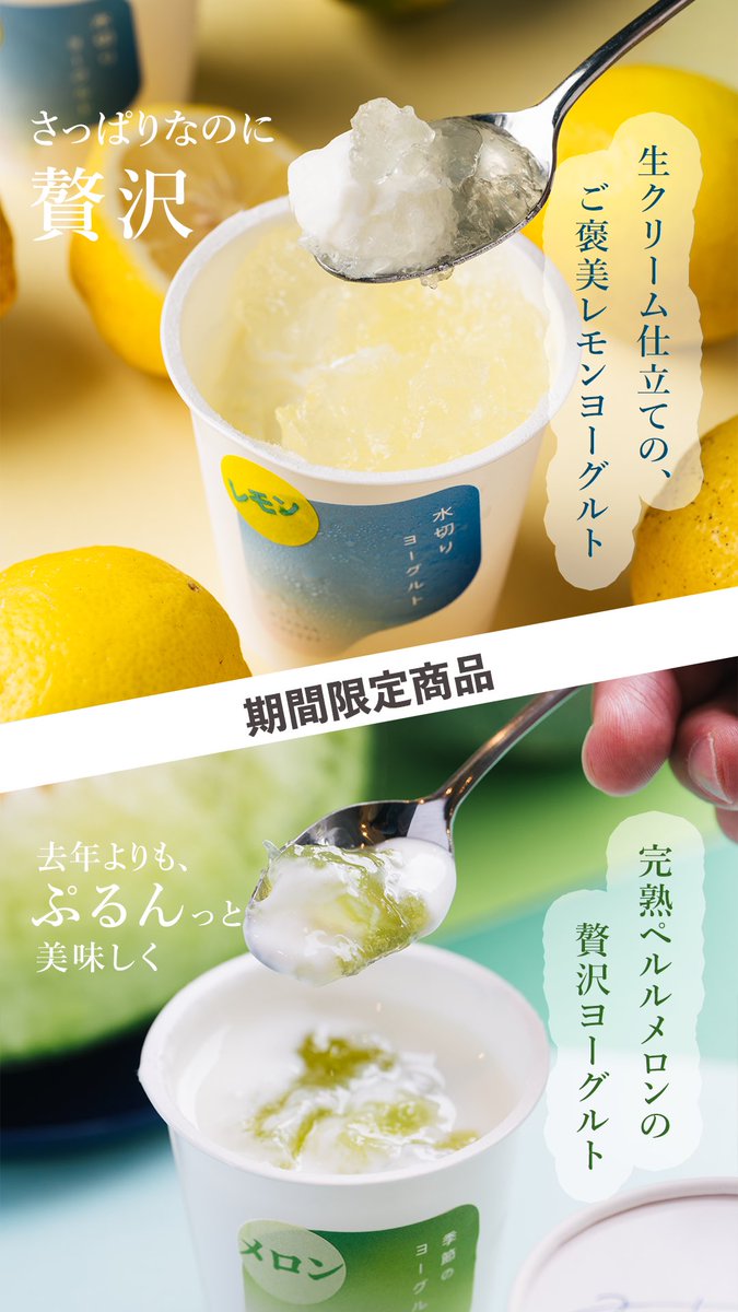 misasayogurt's tweet photo. 三朝ヨーグルトでは期間限定で
レモンヨーグルト🍋とメロンヨーグルト🍈を販売しています！
どちらも人気の商品です✨
あなたはどちらが気になりますか？
通販からもお買い求めいただけます😊

https://t.co/IbIyUfXPOg https://t.co/Ck7pXsxMrL
