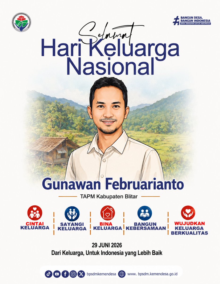 gunfeb's tweet photo. Selamat Hari Keluarga Nasional 2026
Keluarga adalah tempat pertama belajar kasih sayang dan kepedulian. Dari keluarga yang kuat lahir negara yang lebih baik
#KementerianDesaPDT #BPSDMKementerianDesaPDT #BangunKeluargaLebihBaikDanUtuh #TPPSelamatHariKeluarga #BuktiKerjaNyataTPP https://t.co/RhwlKR4pXi